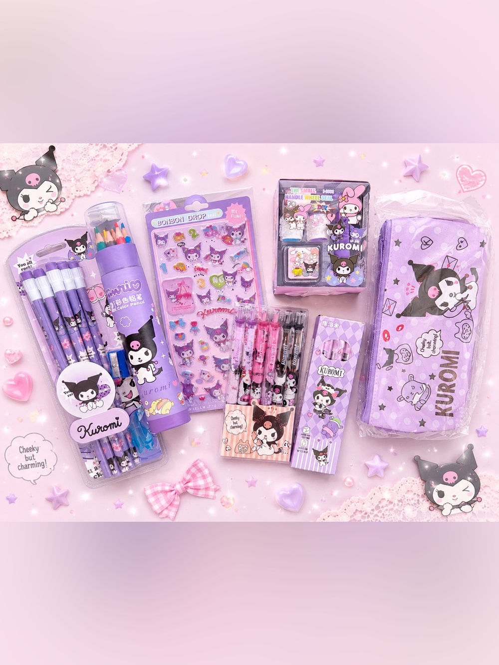Sanrio Kuromi bundle stationary stamp set pens colored pencil gift stickers